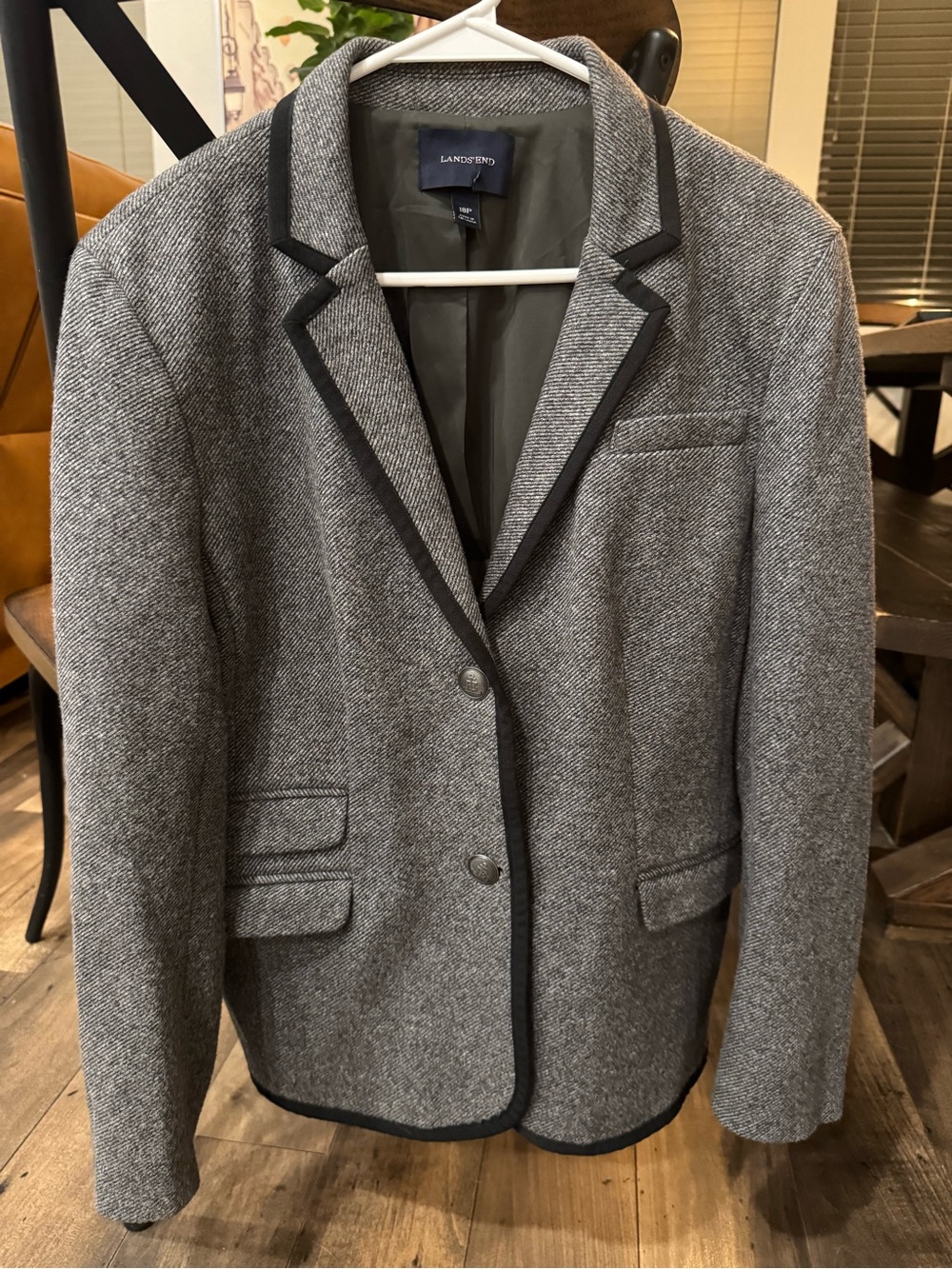Lands' End Gray Herringbone Blazer with Black Trim